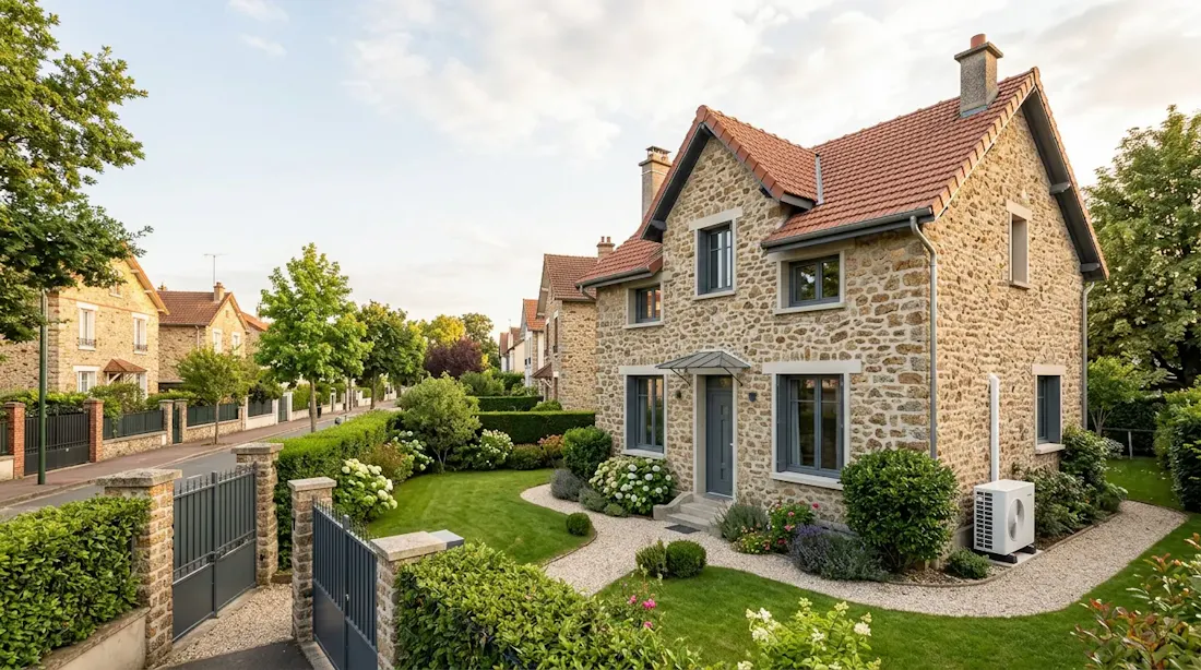 Rue pavillonnaire : maison en pierre au toit de tuiles, jardin fleuri et pompe à chaleur