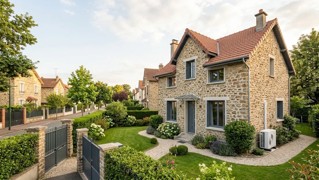 Rue pavillonnaire : maison en pierre au toit de tuiles, jardin fleuri et pompe à chaleur
