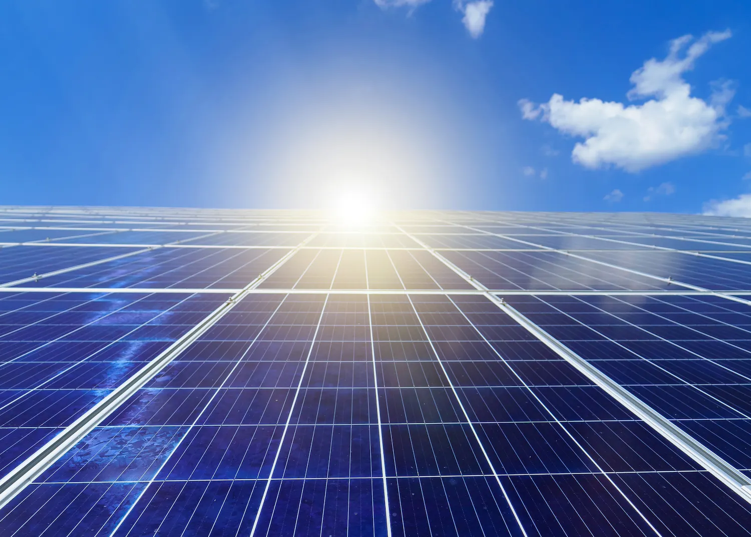 Champ de panneaux photovoltaïques face au soleil sous un ciel bleu