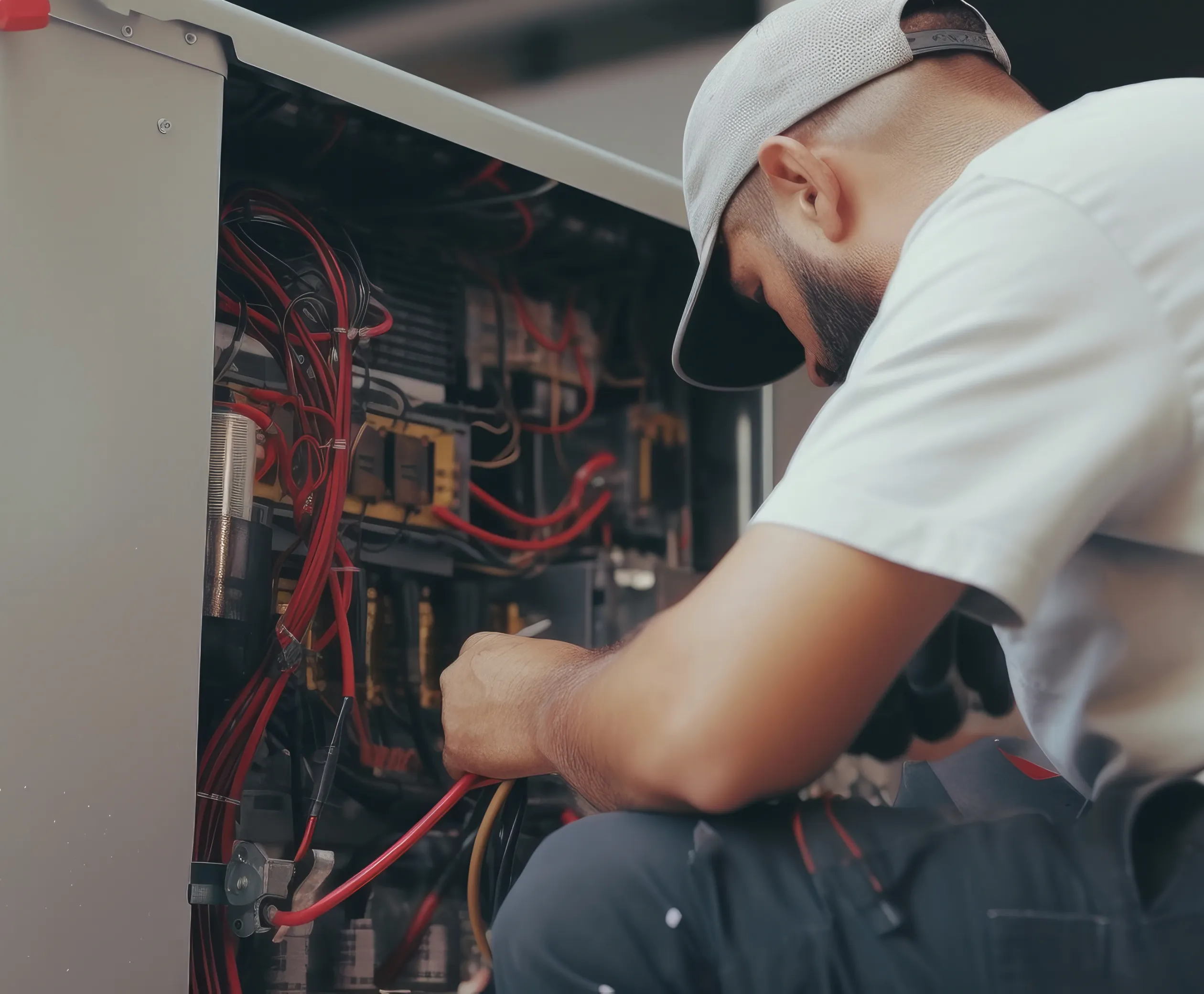 Technicien câblant le tableau électrique d'une pompe à chaleur