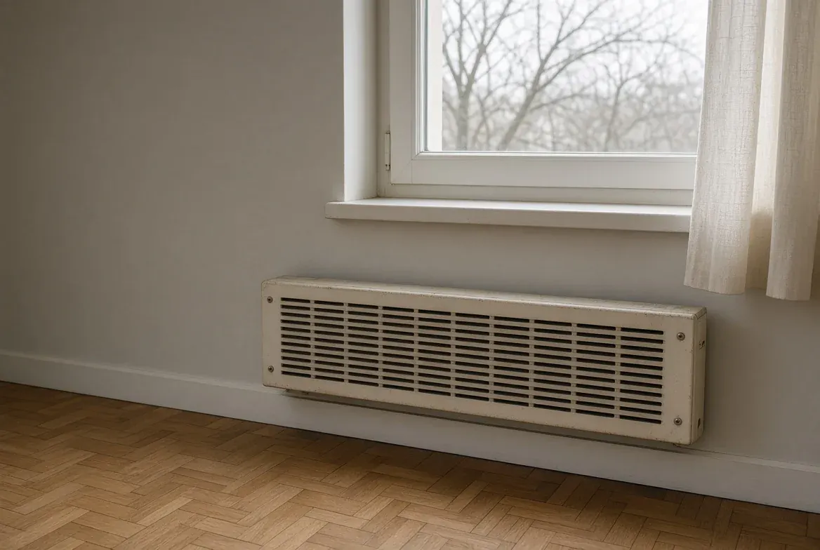 Ancien radiateur électrique sous une fenêtre