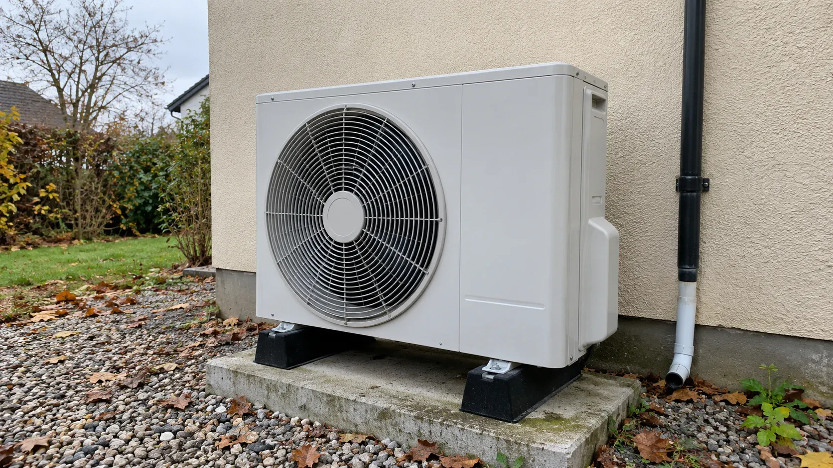 Unité extérieure de pompe à chaleur air/eau sur plots antivibratoires, au pied d'un mur enduit