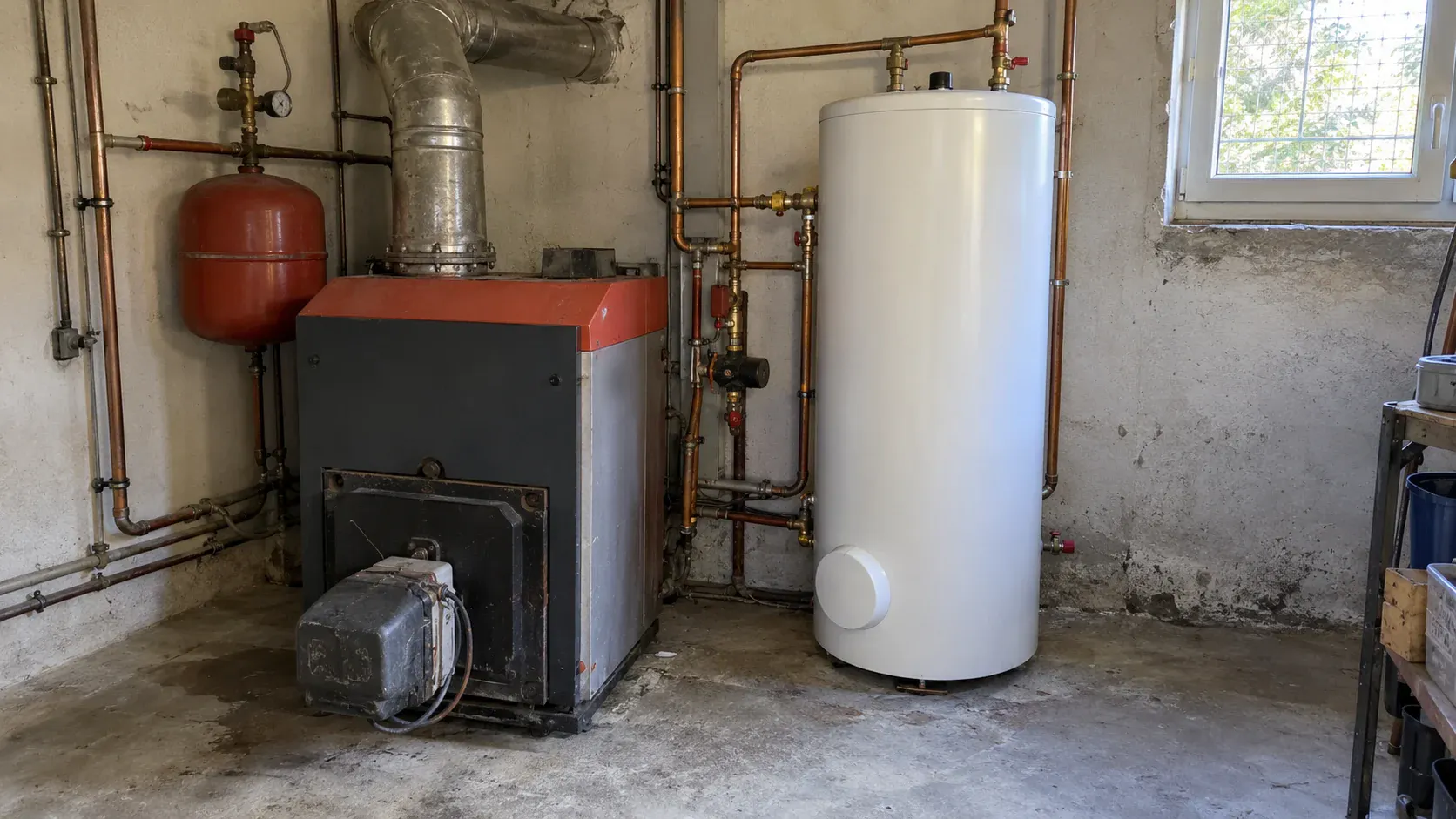 Ancienne chaudière et ballon d'eau chaude dans une chaufferie