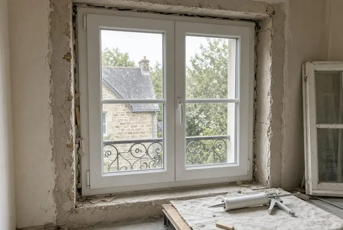 Pose d'une fenêtre neuve pendant une rénovation
