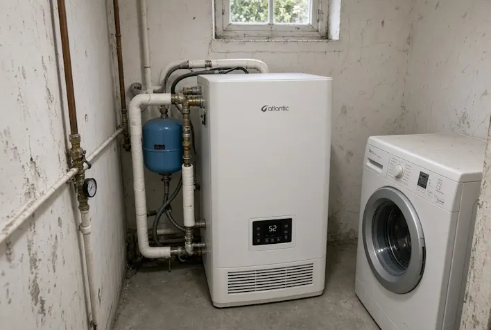 Pompe à chaleur air/eau sur son socle, le long d'un mur
