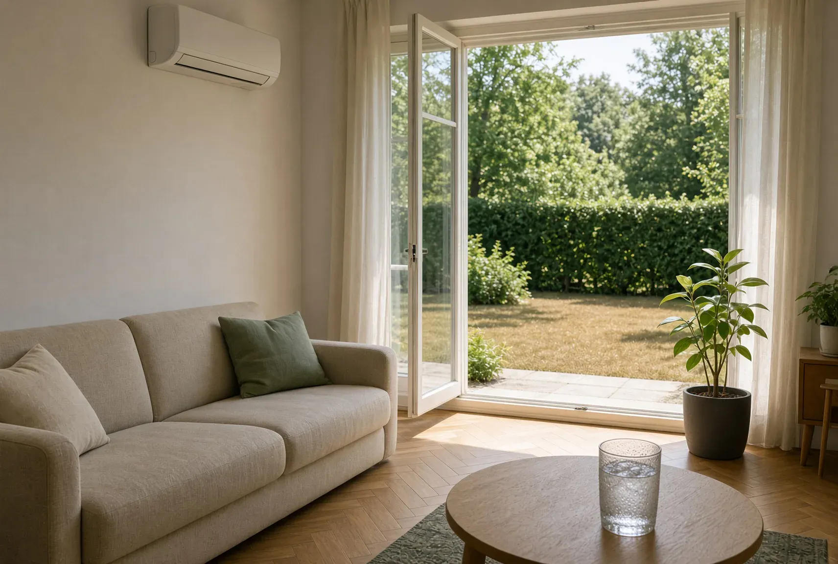 Salon frais en été avec une pompe à chaleur air/air murale, jardin ensoleillé derrière la baie vitrée