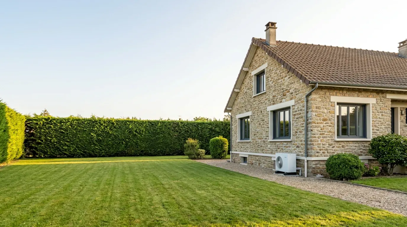 Pavillon en pierre au toit de tuiles et grand jardin, avec une pompe à chaleur le long de la façade
