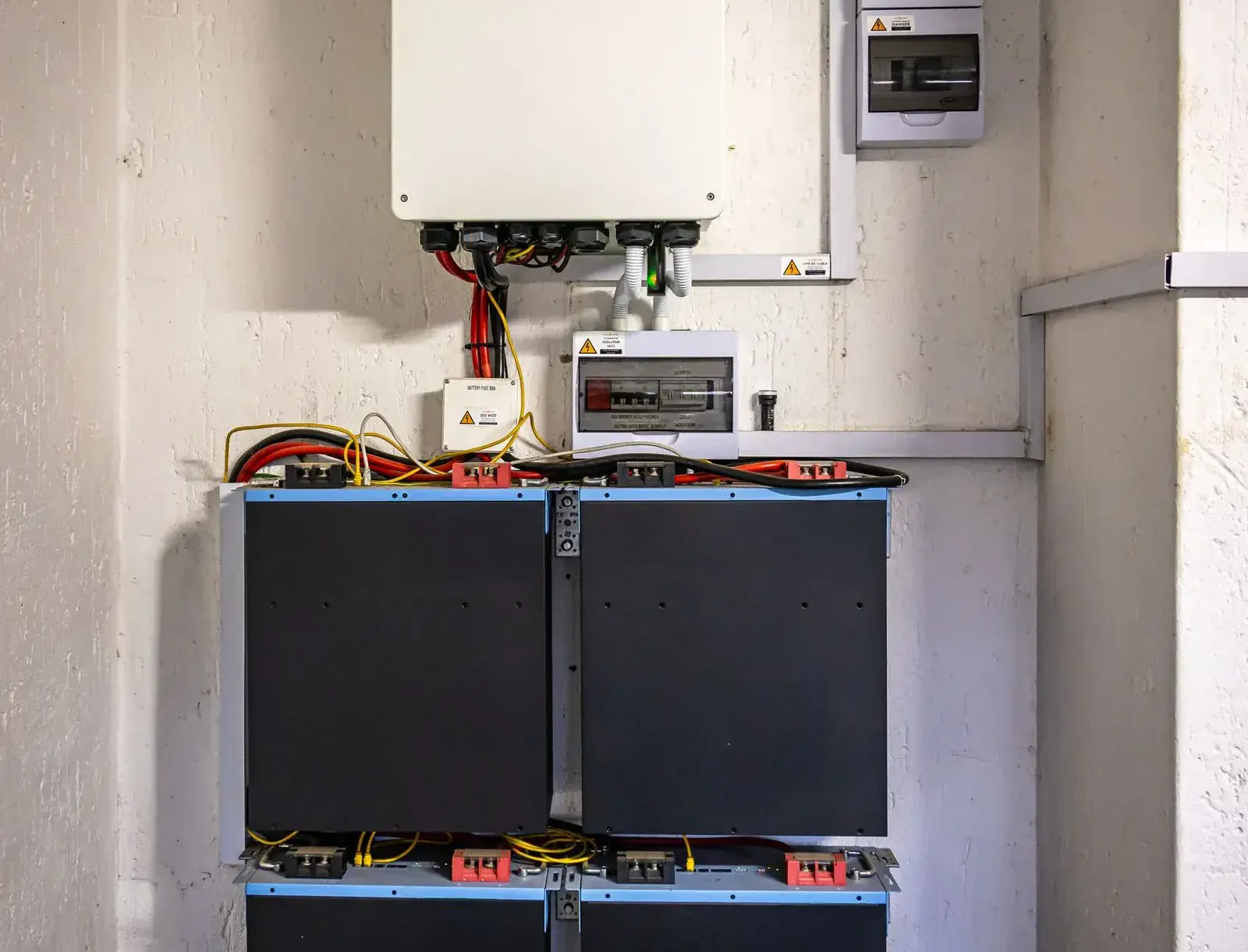 Onduleur hybride fixé au mur et modules de batterie domestique empilés dans un local technique