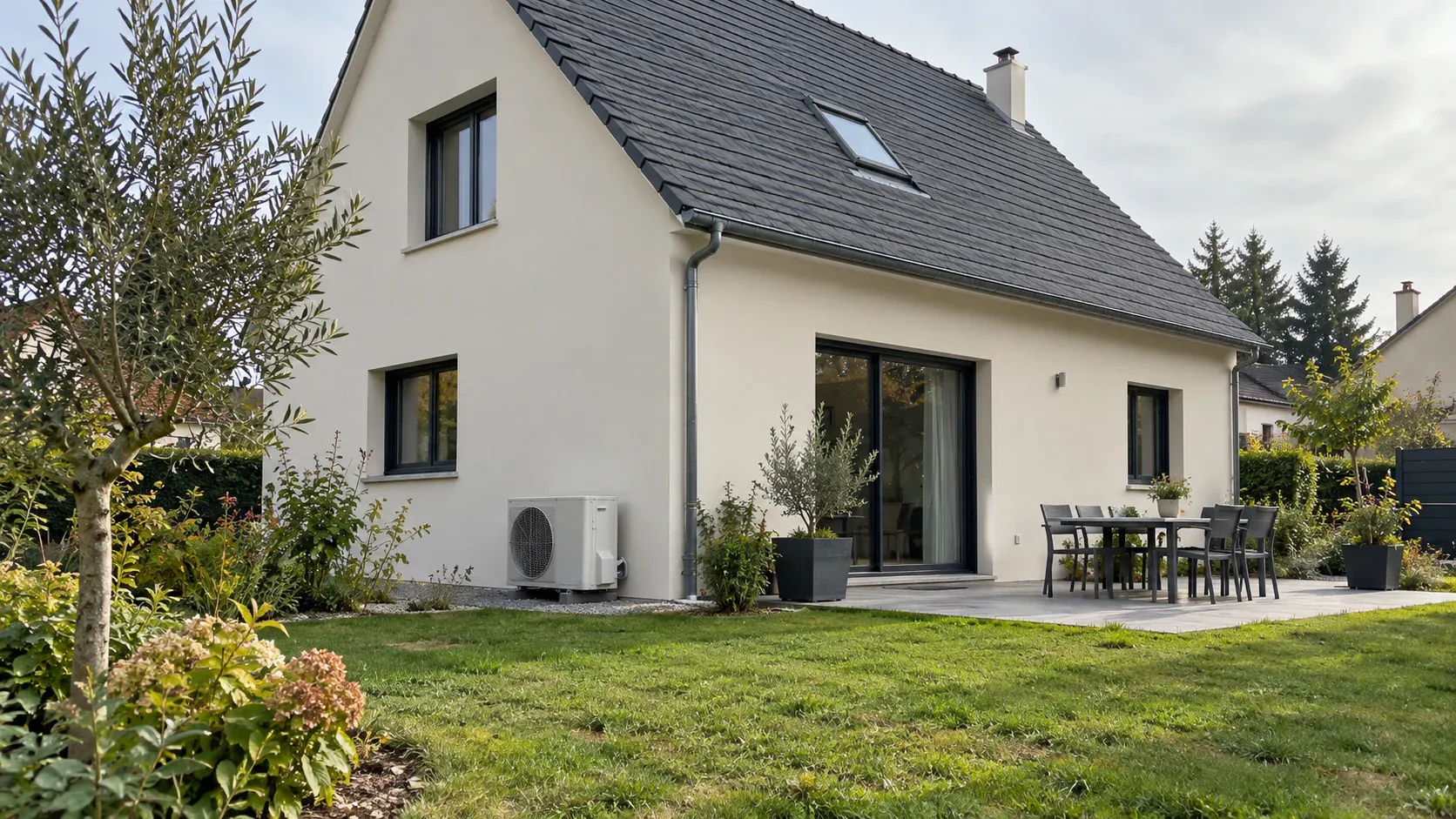 Maison rénovée : façade isolée, menuiseries neuves et pompe à chaleur posée le long du mur