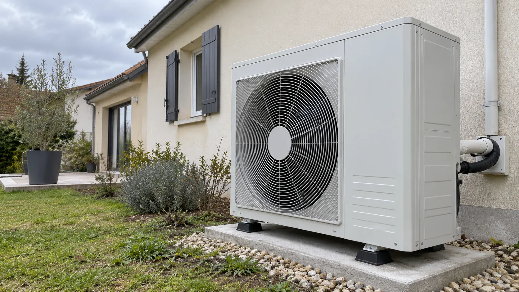 Unité extérieure de pompe à chaleur air/eau installée sur une dalle béton au pied d'une maison individuelle
