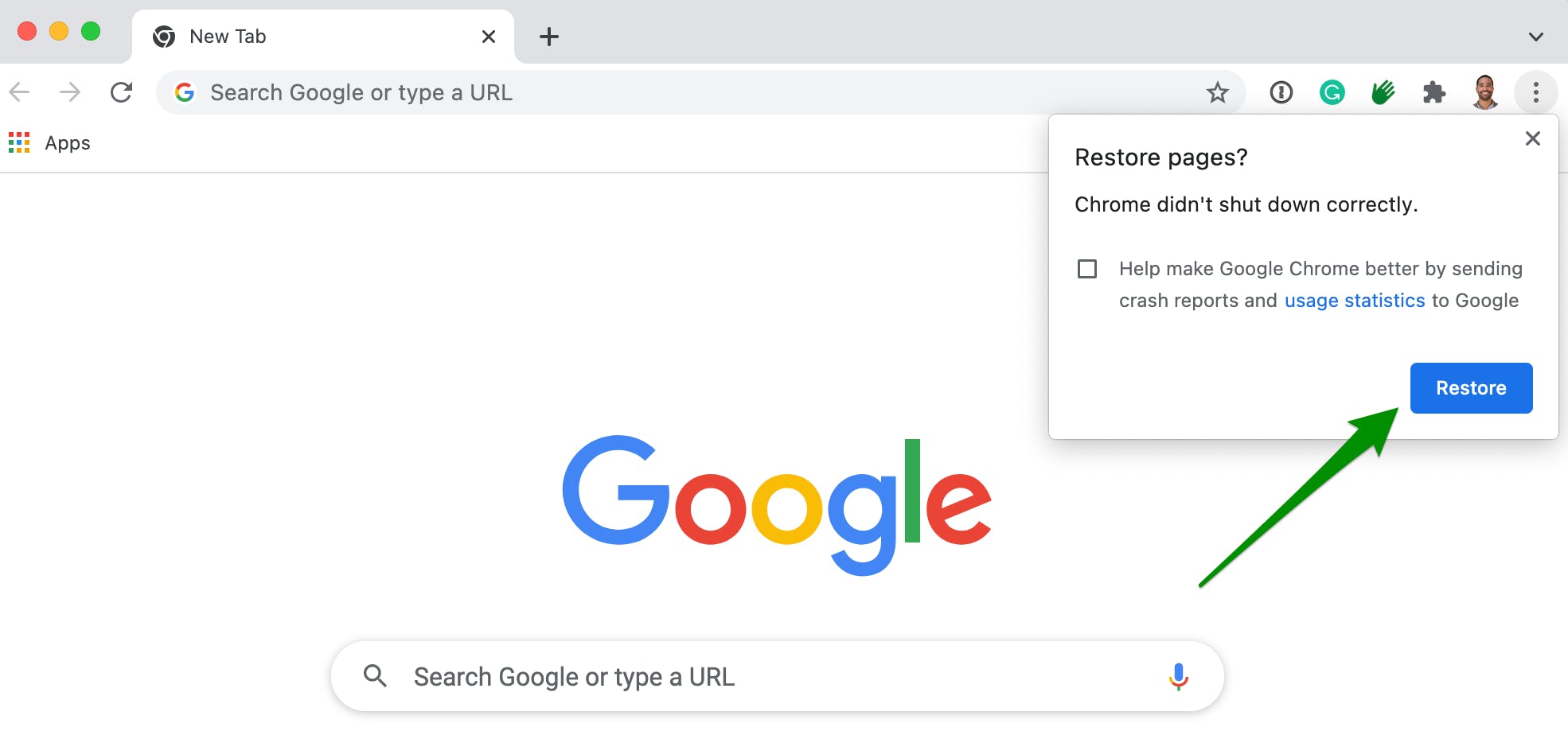 Chrome browser, Green arrow, Restore button