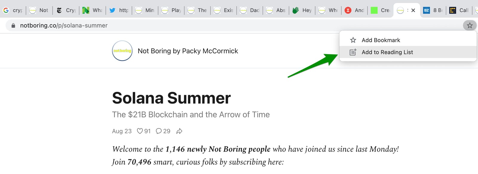 Browser window with multiple tabs, green arrowing pointing to "add to reading list" button