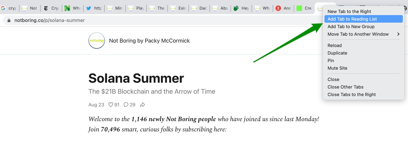 Browser window with multiple tabs, green arrow pointing to "add tab to reading list" button