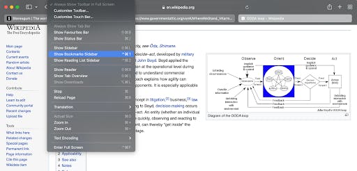 Safari bookmarks bar, Show bookmarks sidebar selected