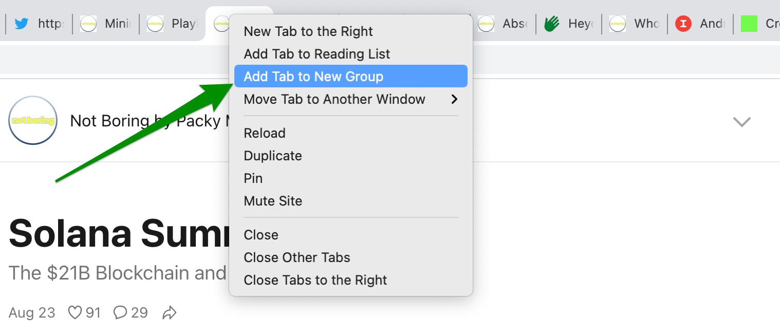 Browser with multiple tabs, green arrow pointing to "Add Tab to New Group"