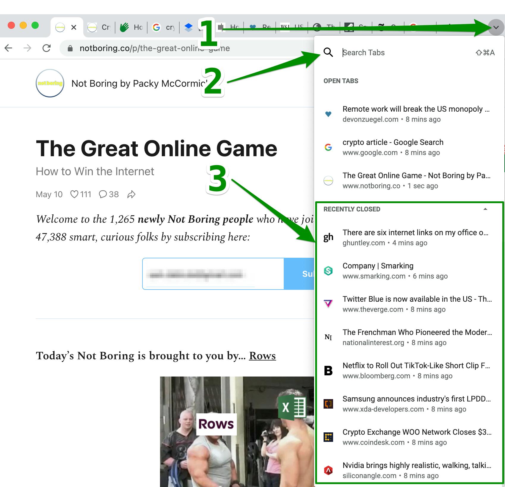Chrome browser, Search tabs menu, Recently Closed section surrounded by green box