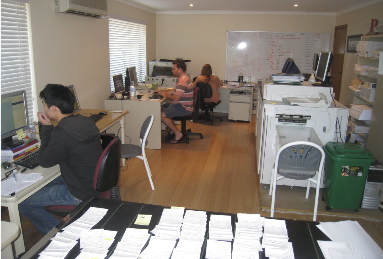 Living room, Desks, People seated at computer