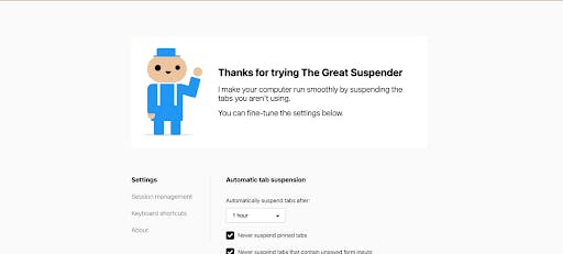 The Great Suspender settings, Chrome