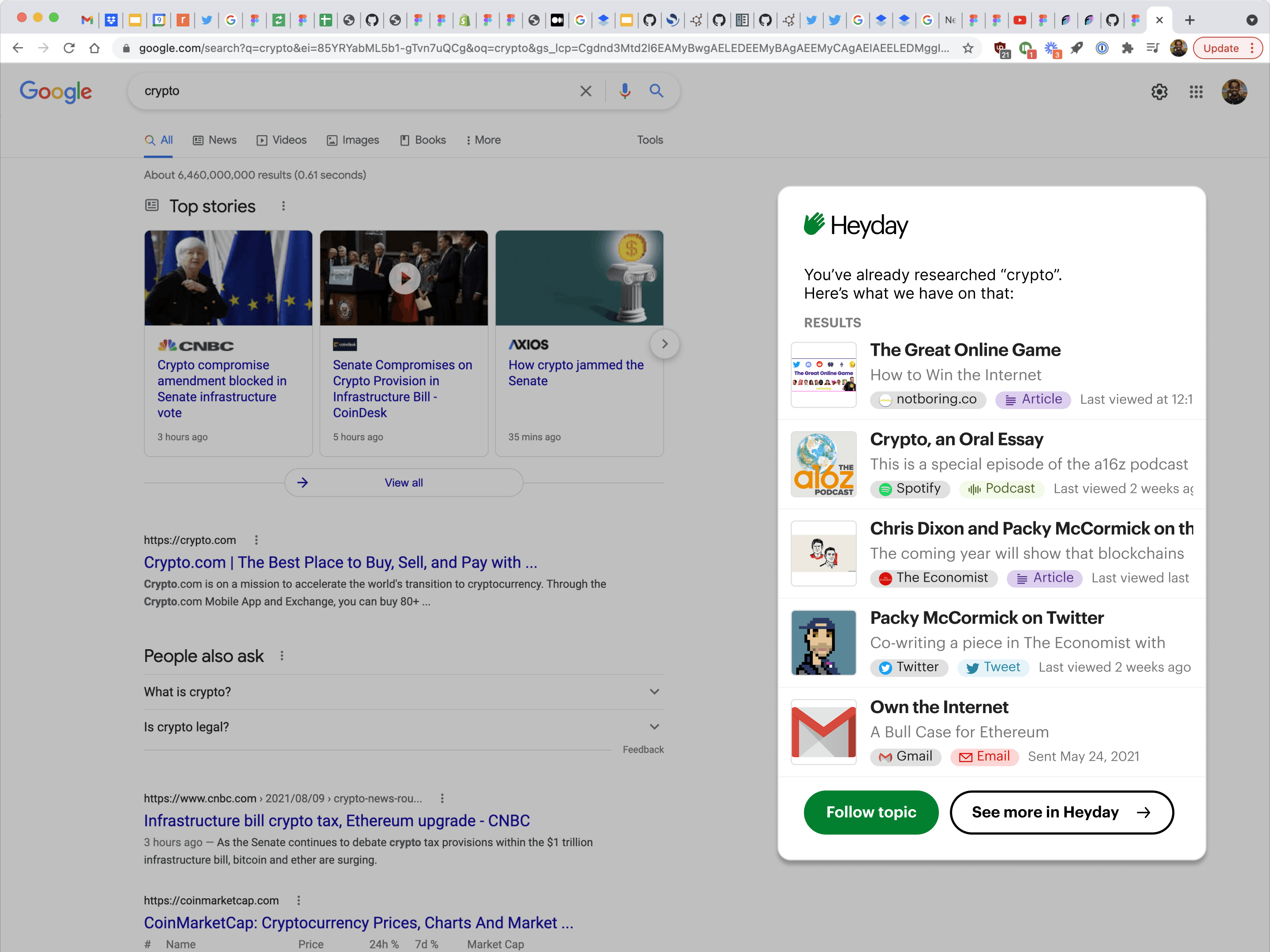 Chrome browser, Google Search Results, Heyday extension