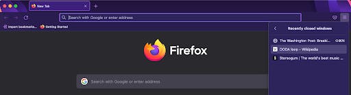 Firefox, Recently closed windows menu