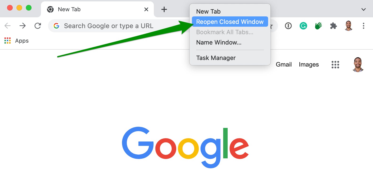 Chrome browser, Arrow, Highlighting "reopen closed window" button