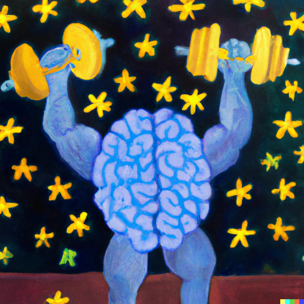 brain, lifting weights, starry starry night style