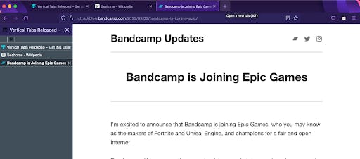 Firefox browser, Vertical Tabs Reloaded add-on, Bandcamp tabs selected