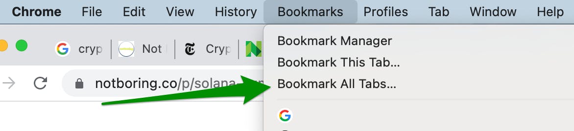 Zoomed in browser with multiple tabs, green arrow pointing to "Bookmark all tabs" option