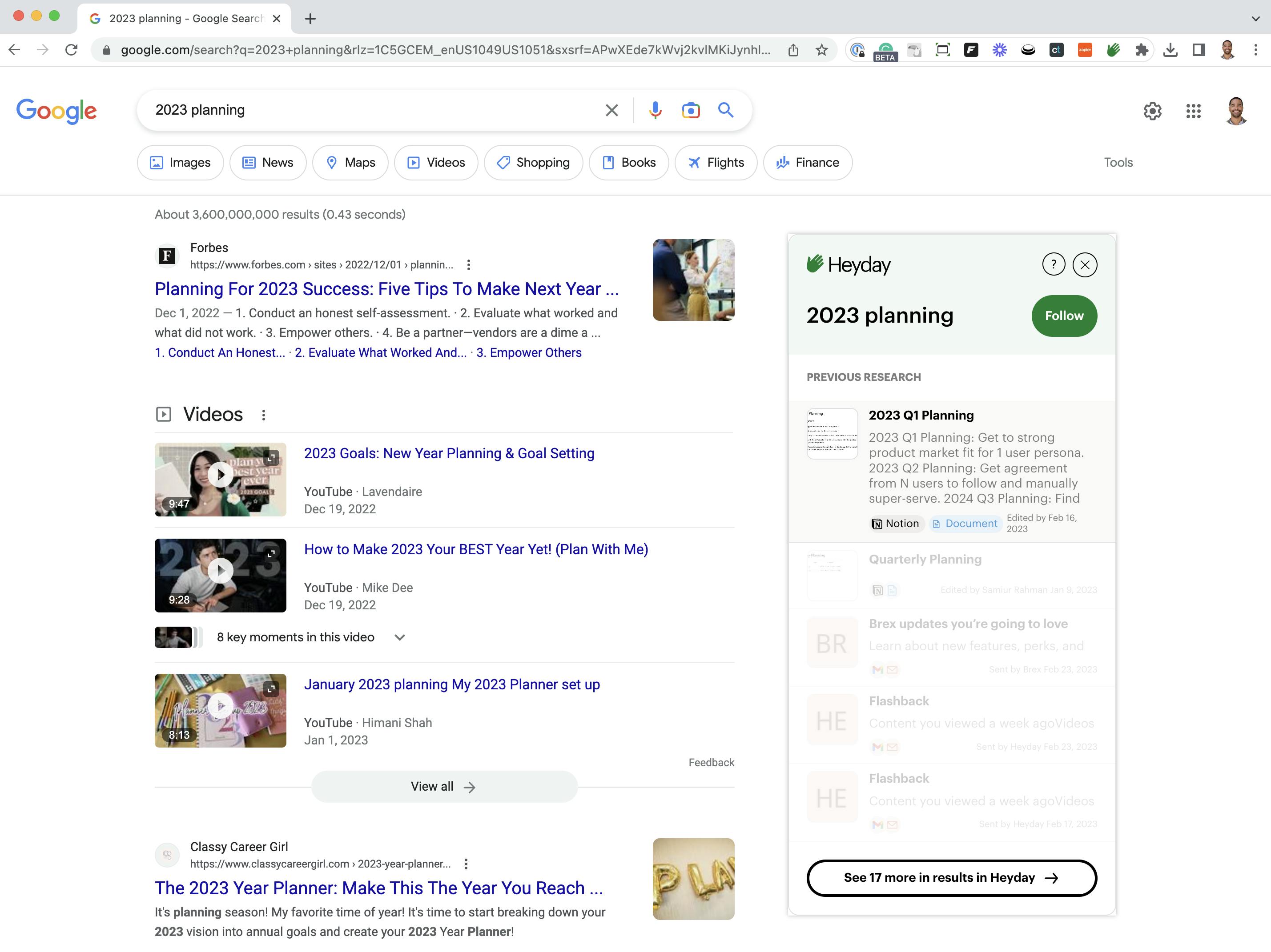 Chrome browser, heyday extension, notion page result