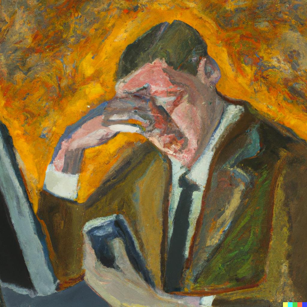 oil painting, man looking at phone