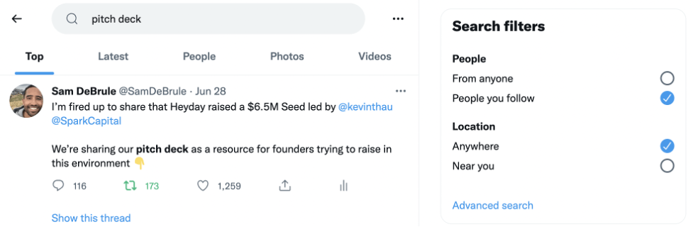Twitter, Pitch Deck, Search filters