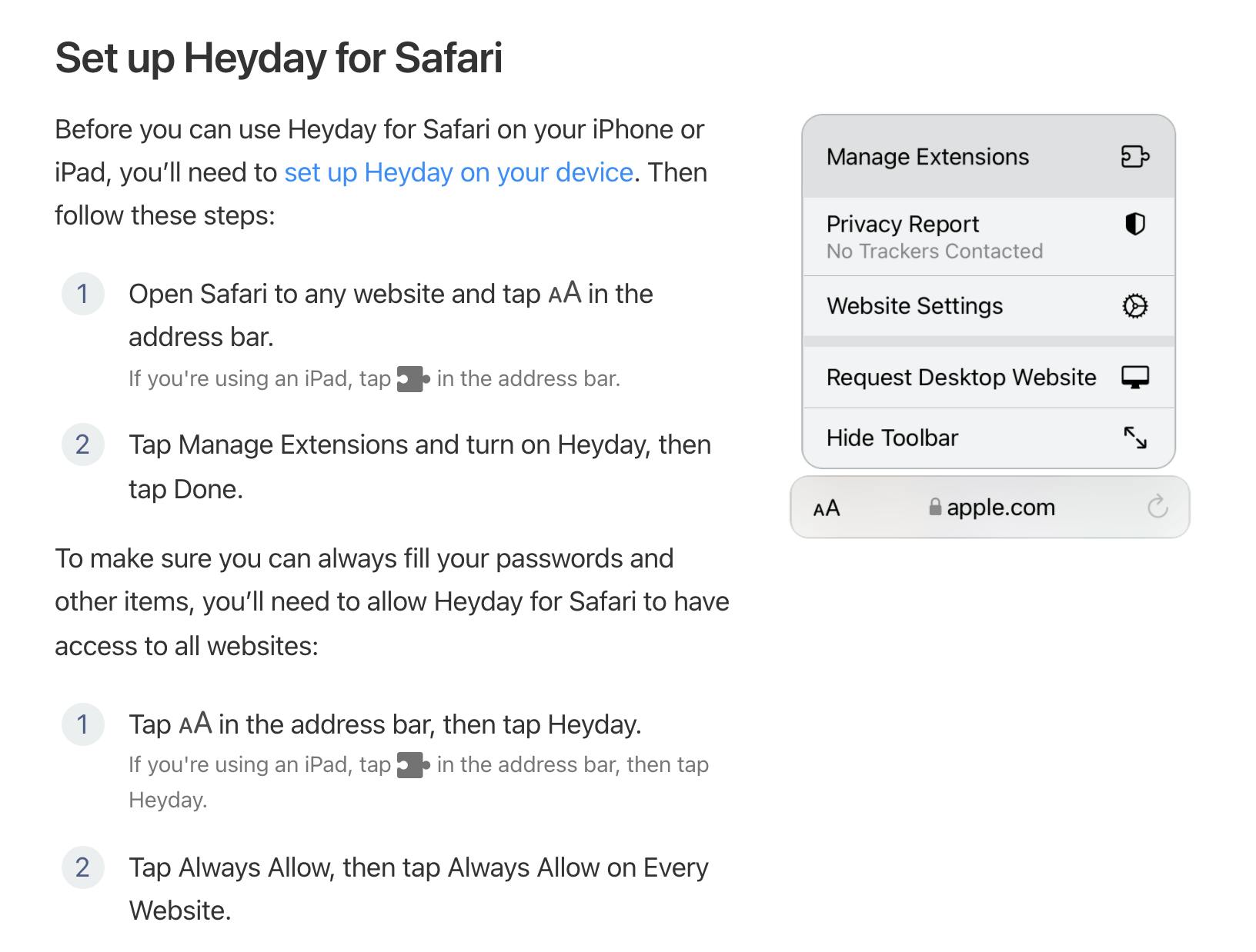 Numbered steps to install Heyday for Safari