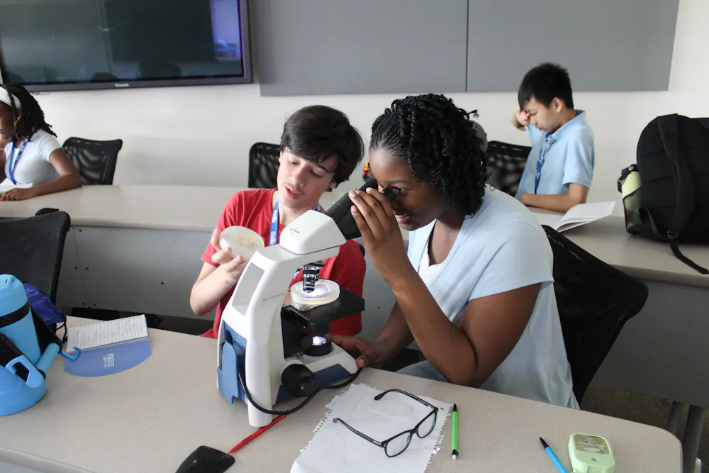 Students on Step Up to STEM programme looking into a microscope