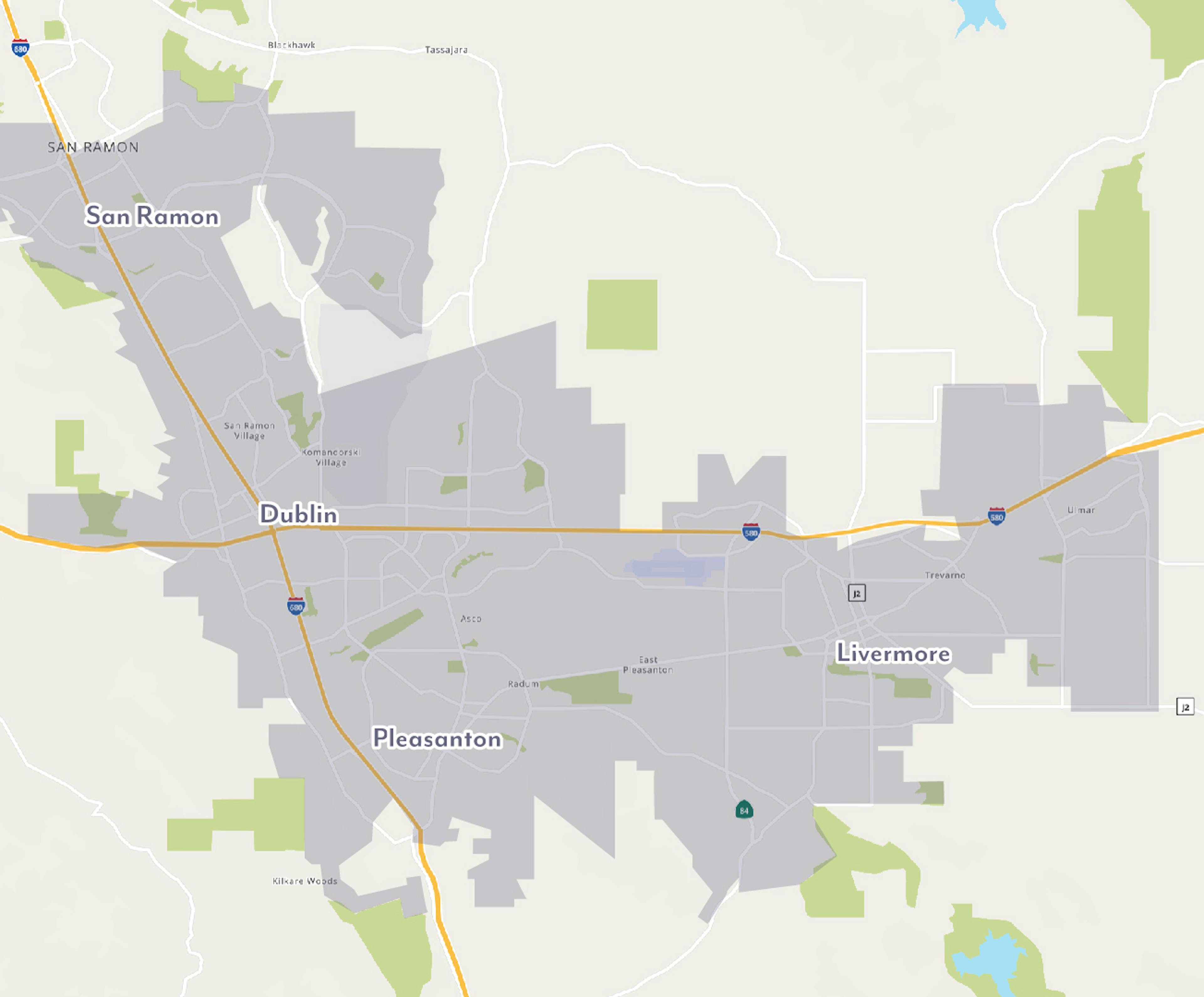 Delivery Map Graphic. Cities included: San Ramon, Dublin, Pleasanton, Livermore