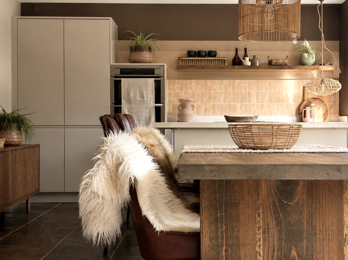 Modern kitchen with wooden island and bar stools draped in faux fur, open shelves, soft lighting, neutral cabinetry and natural textures.