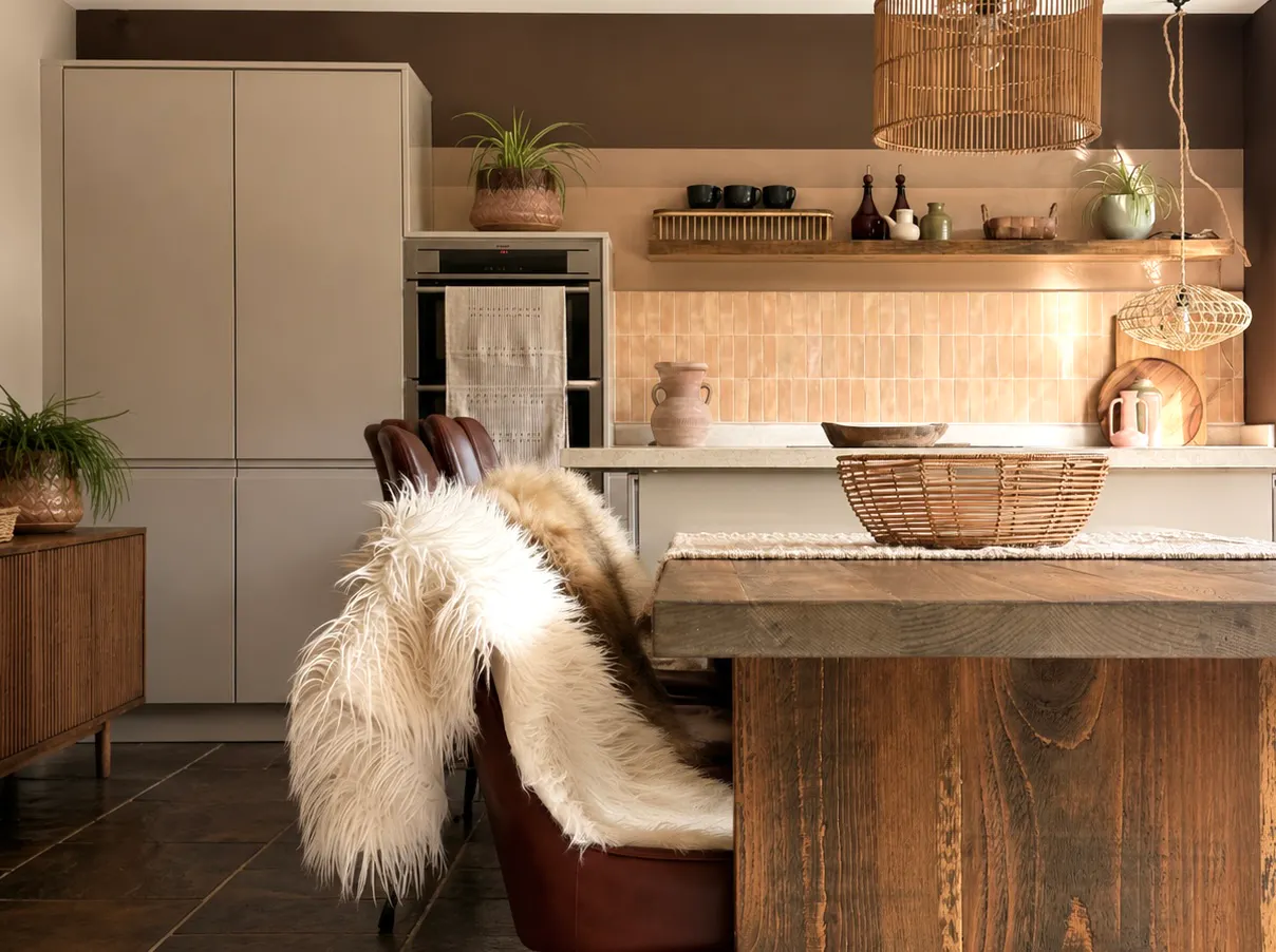 Modern kitchen with wooden island and bar stools draped in faux fur, open shelves, soft lighting, neutral cabinetry and natural textures.