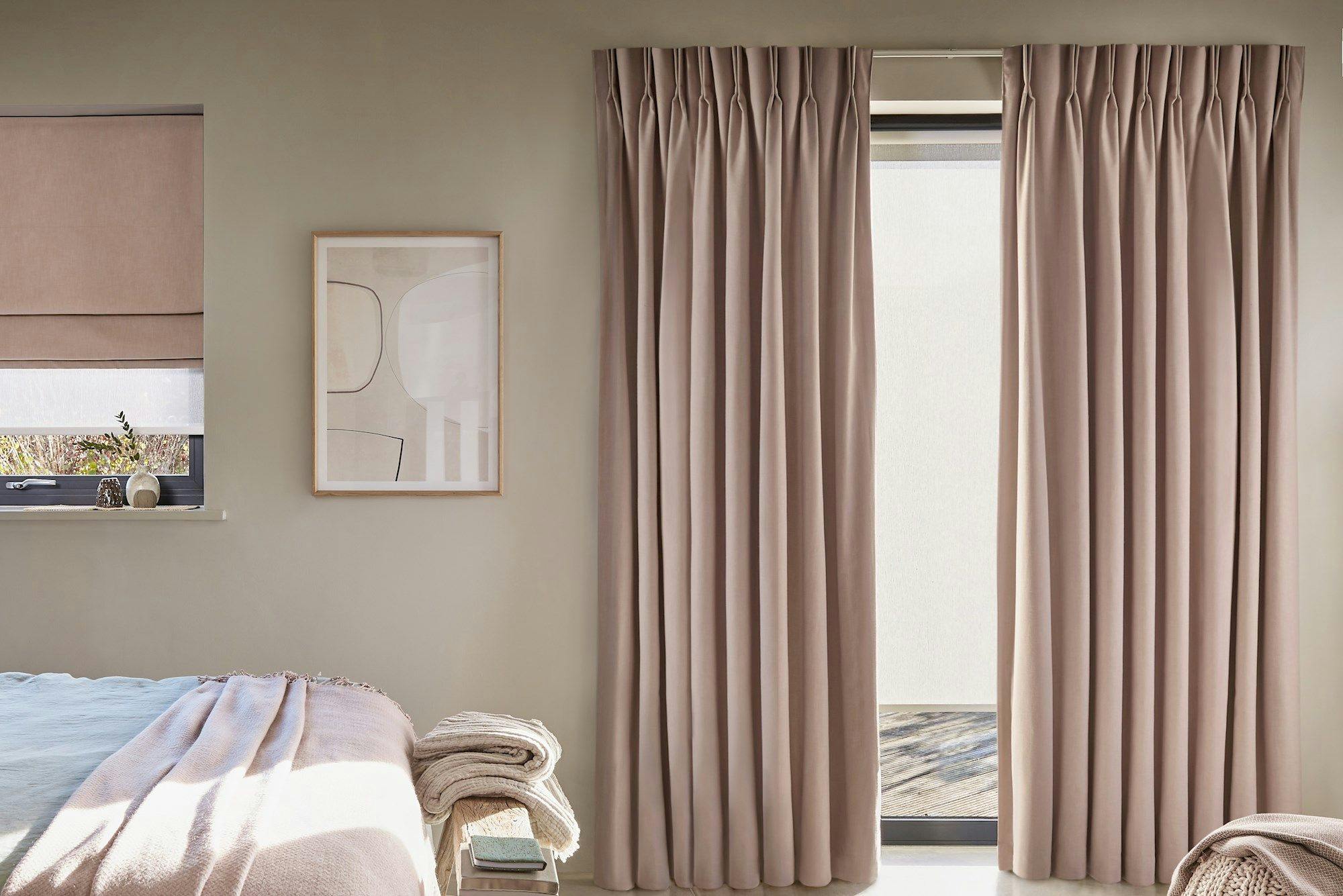 serene mauve pencil pleat curtains in bedroom