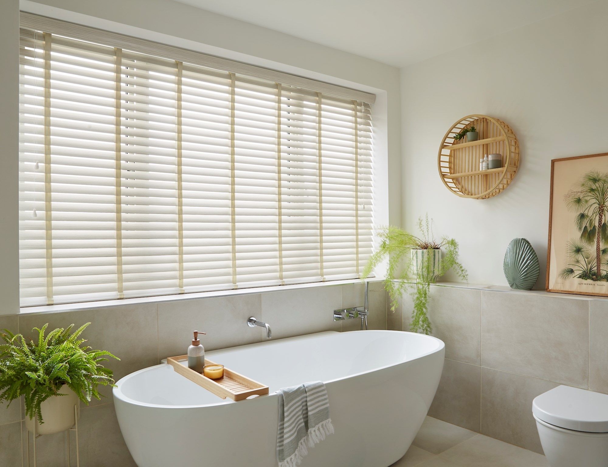 mirage faux wood granite venetian blinds in bathroom