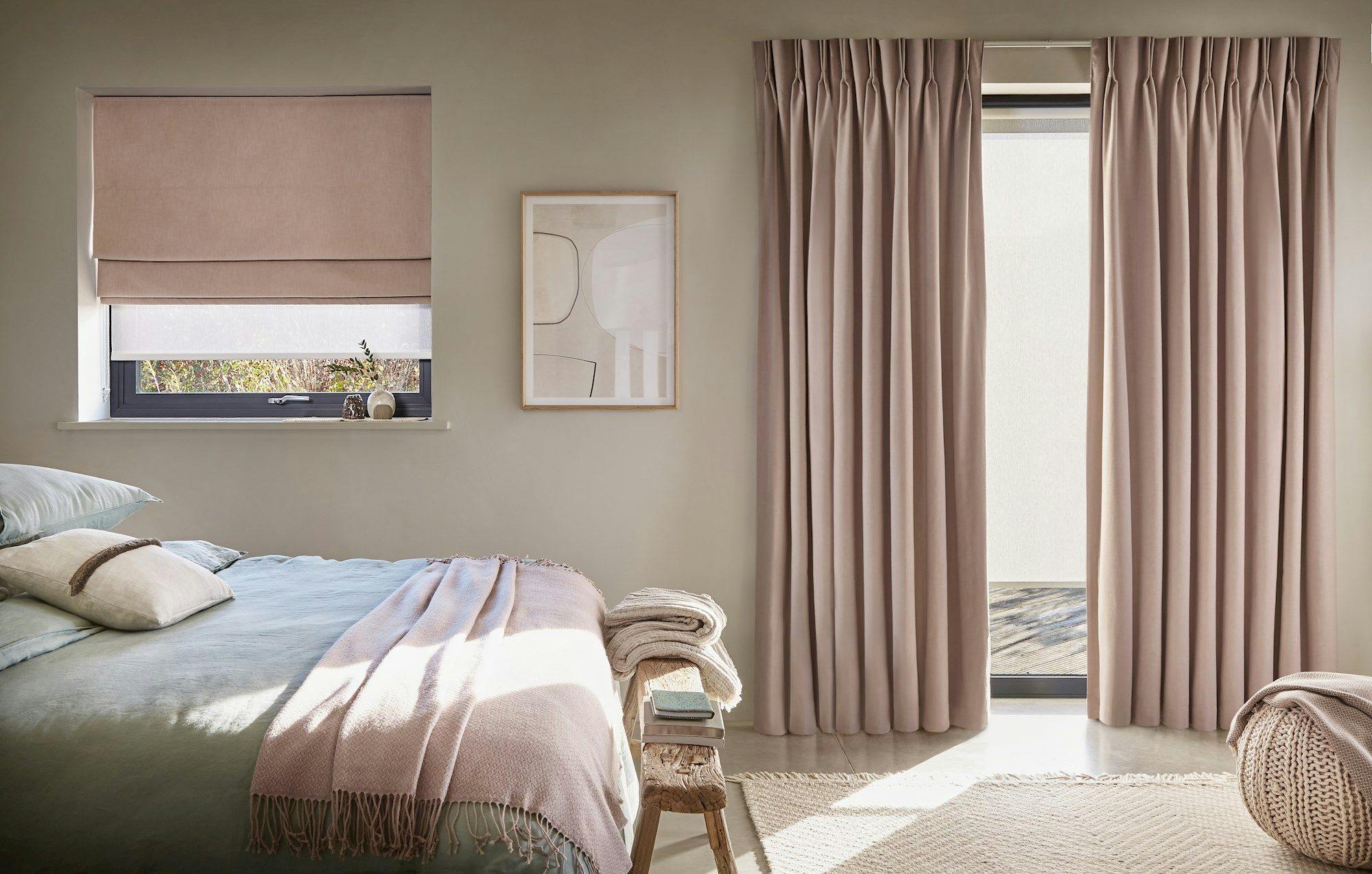 Solace sheer roman blinds paired with serene mauve curtains