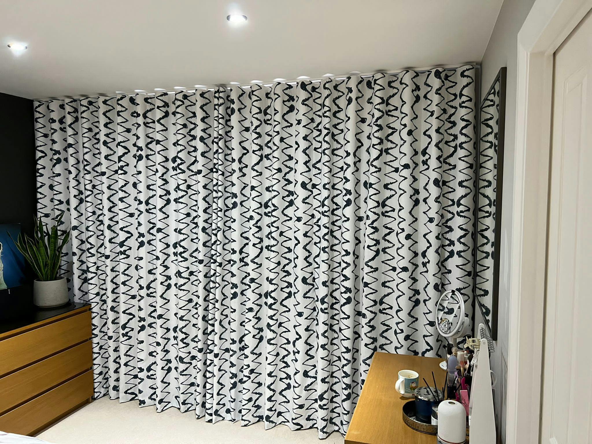 Wolfe smoulder floor length curtains in bedroom