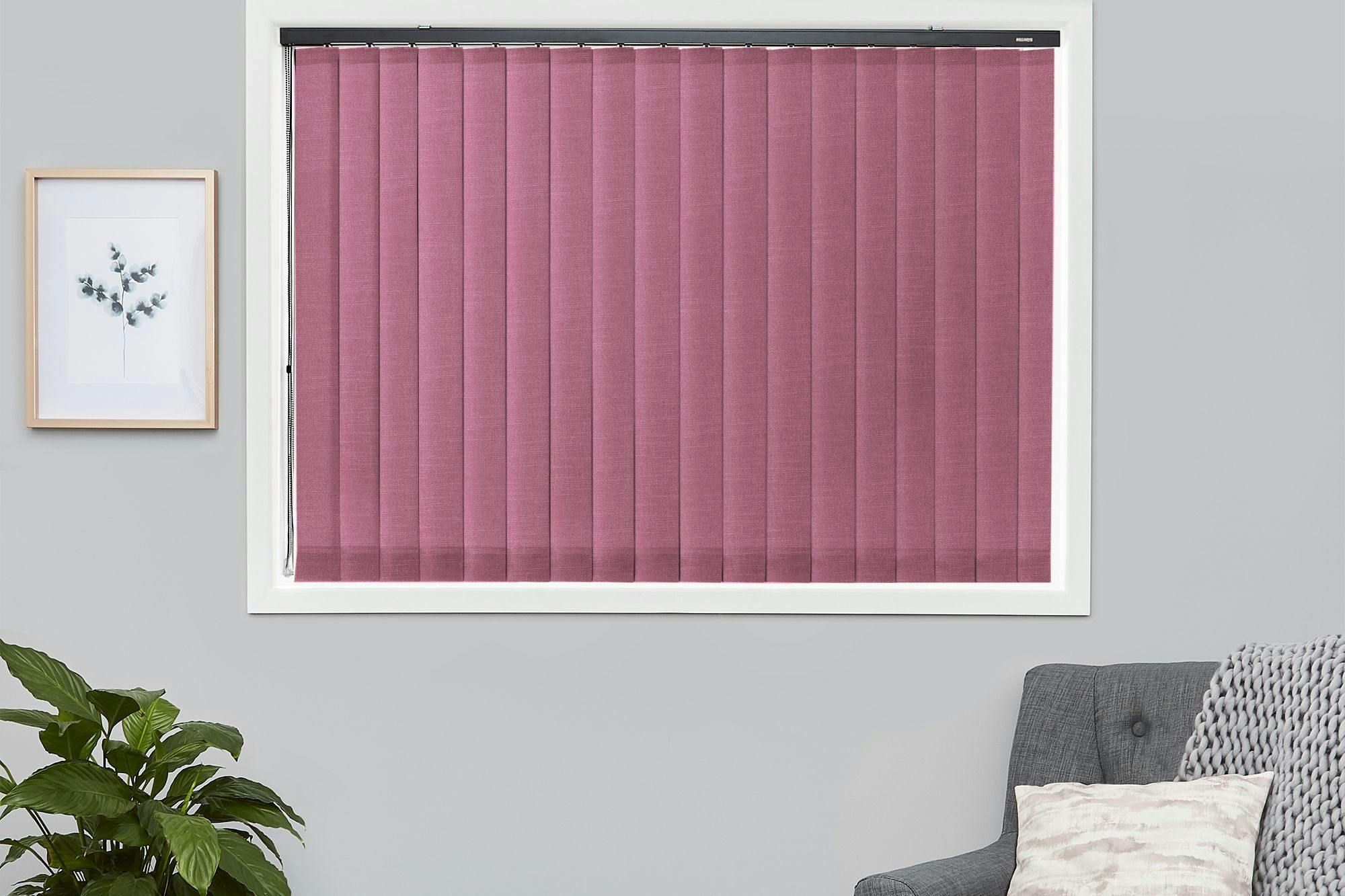 Tresco Plum purple vertical blinds in white window frame