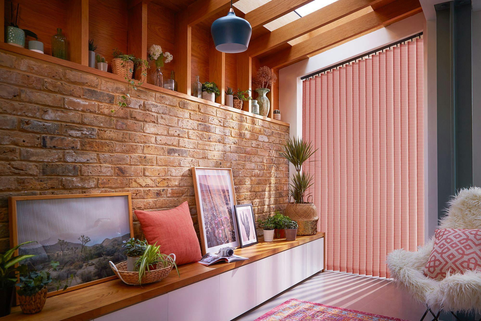 Red cherry blinds in a living nook
