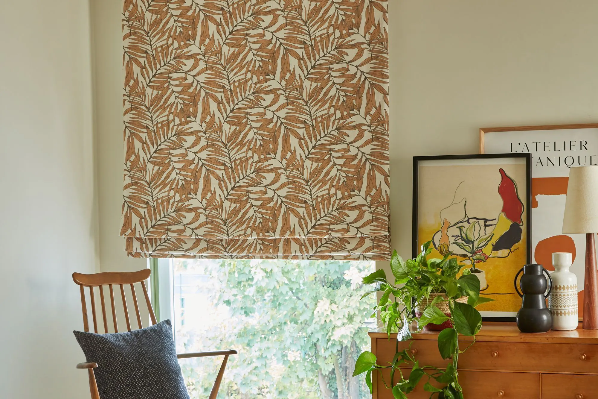 rust floral patterned roman blind hillarys laurel rust 