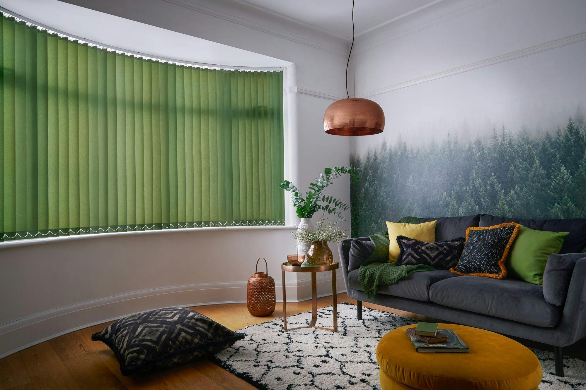 Green vertical blinds shading living room with nature theme