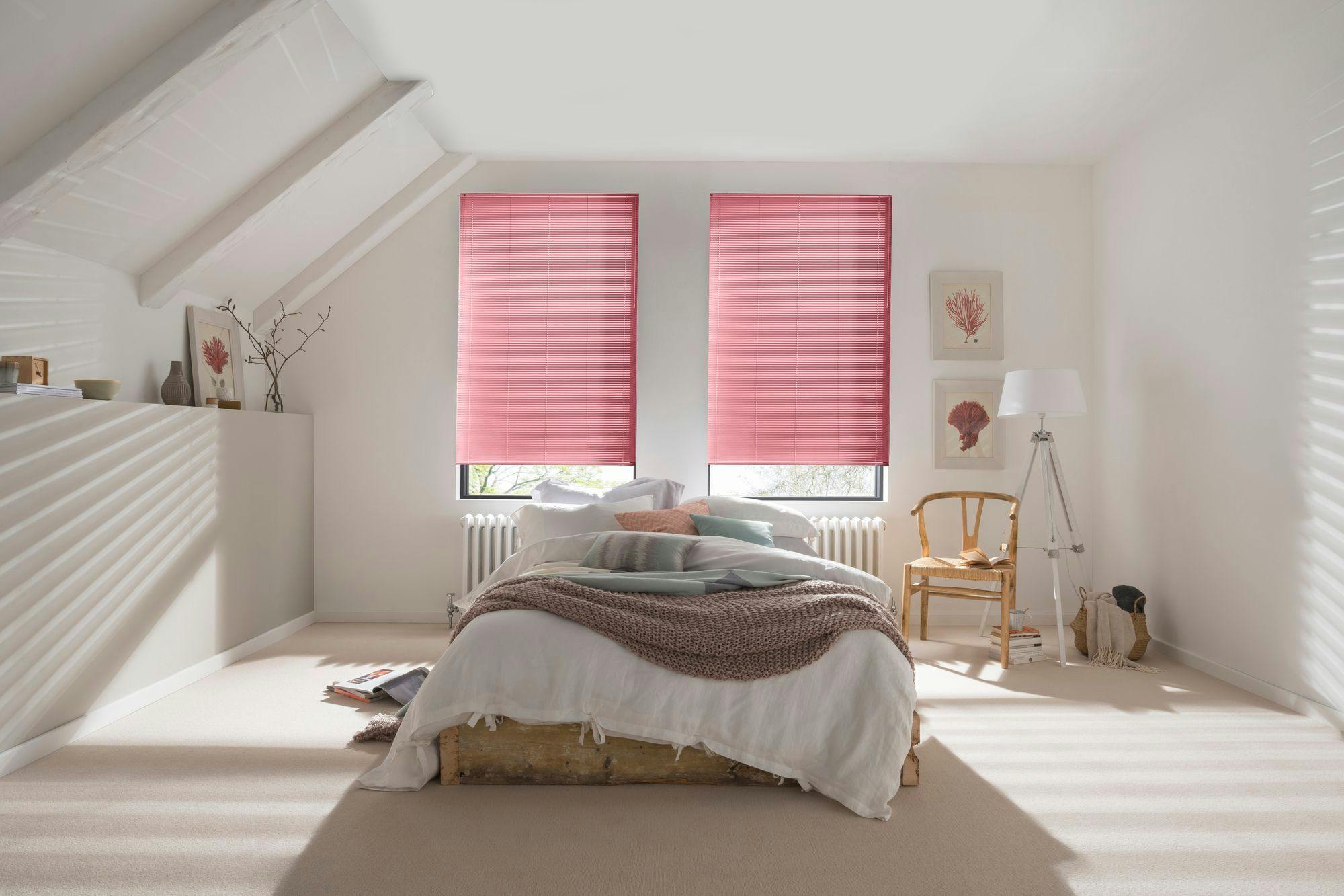 Studio pretty pink metal venetian in a white bedroom