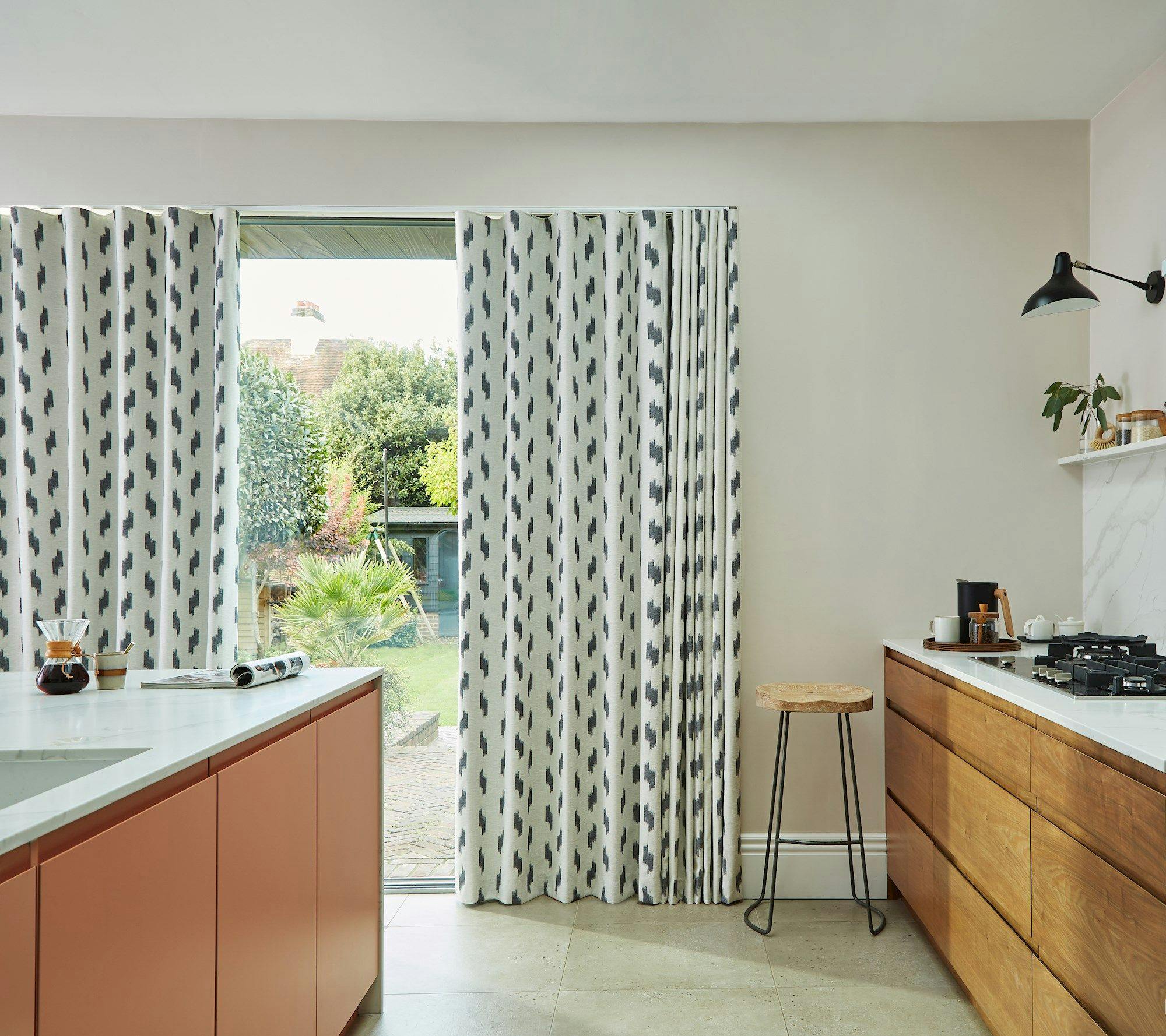 Phatara phantom wave header curtains on floor length kitchen windows