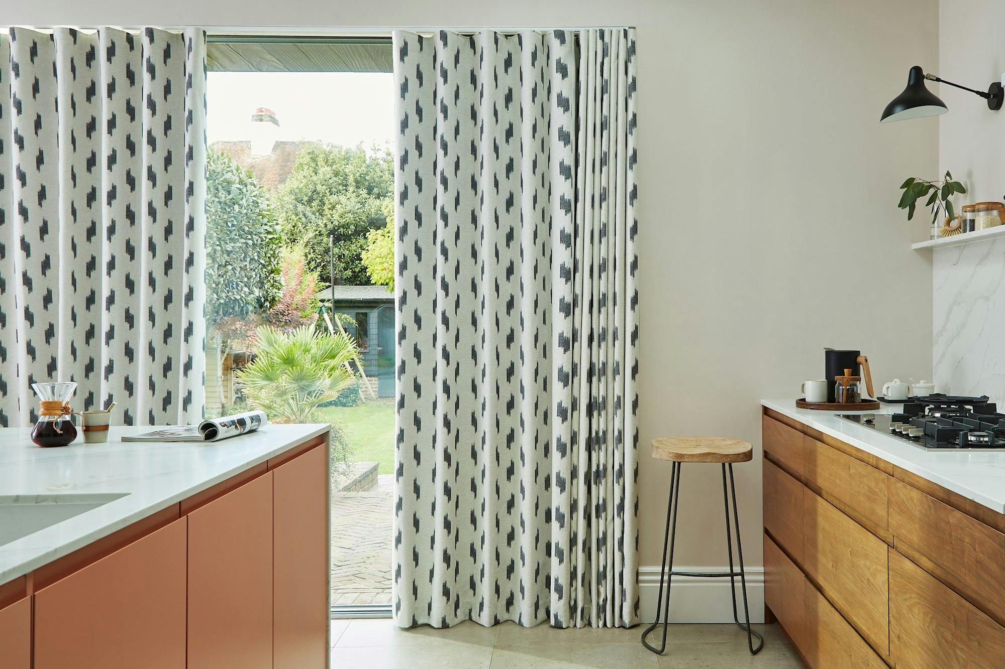 Phatara phantom wave header curtains on floor length kitchen windows