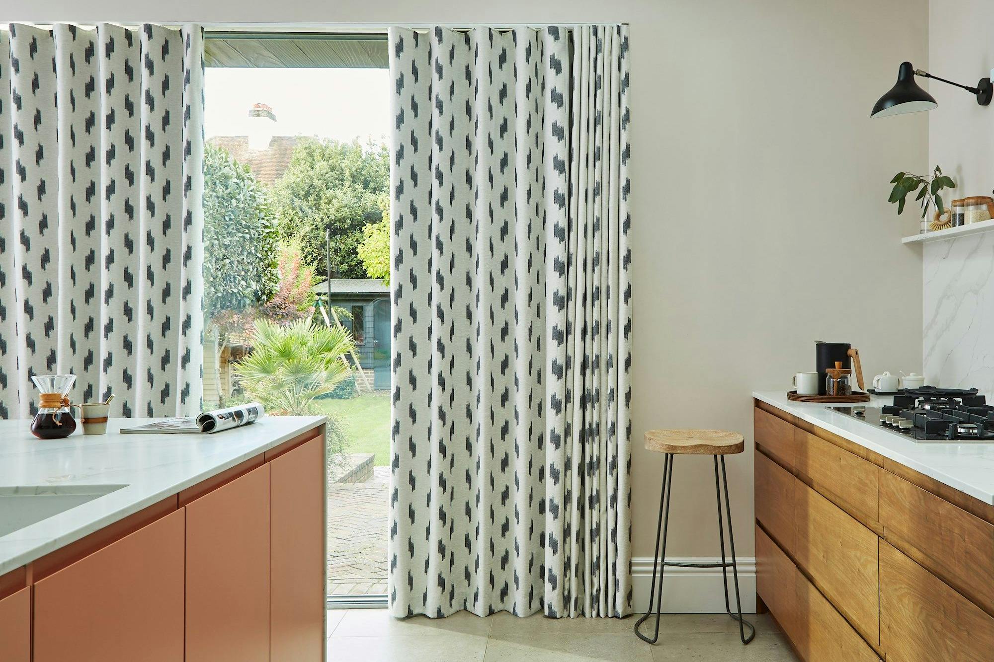 Phatara phantom wave header curtains on floor length kitchen windows