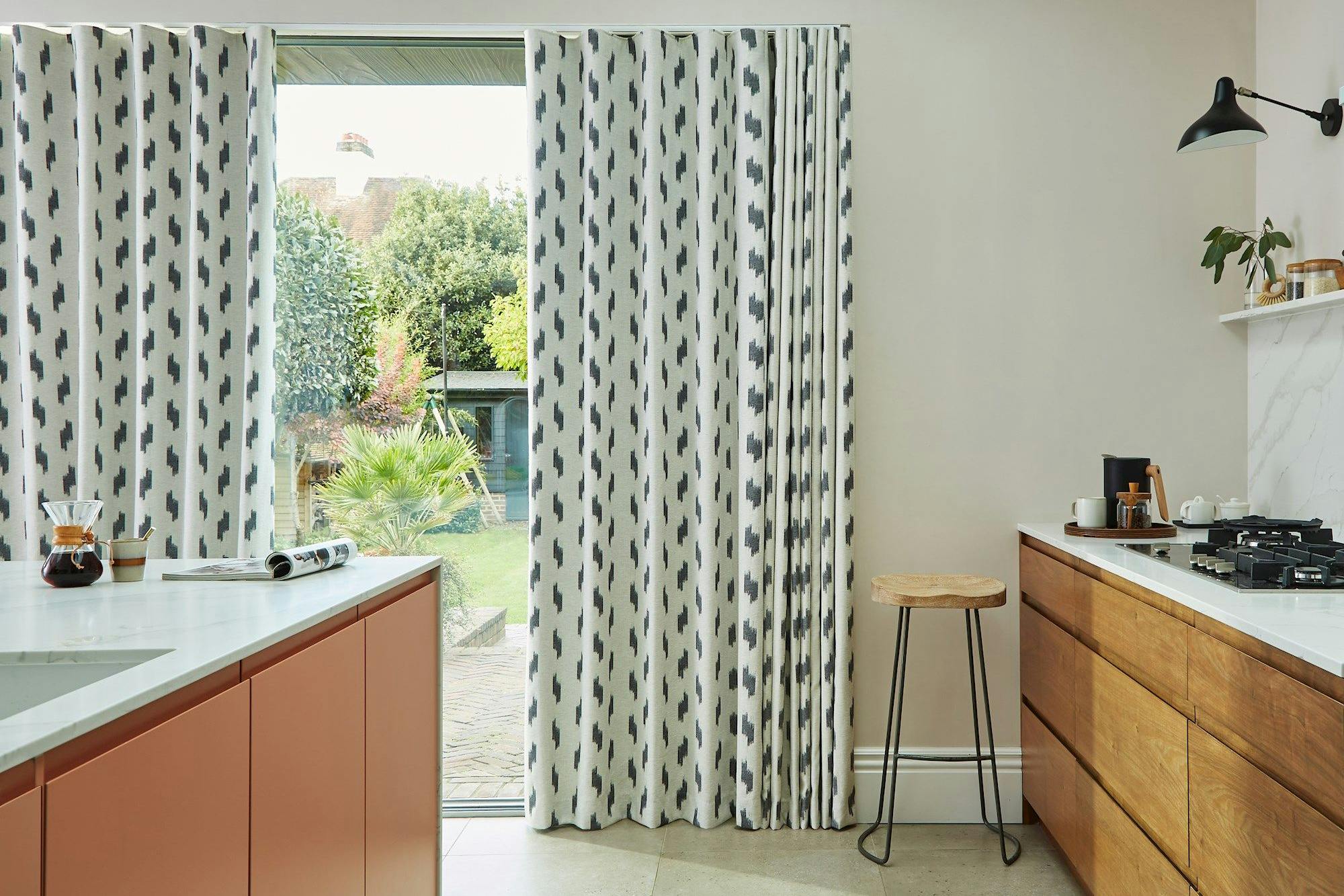 Phatara phantom wave header curtains on floor length kitchen windows