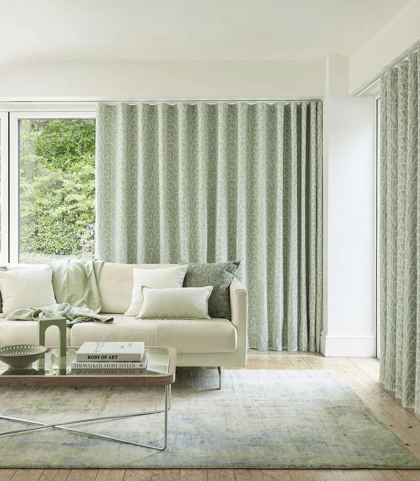 Alder celadon green floor length wave curtains in living room